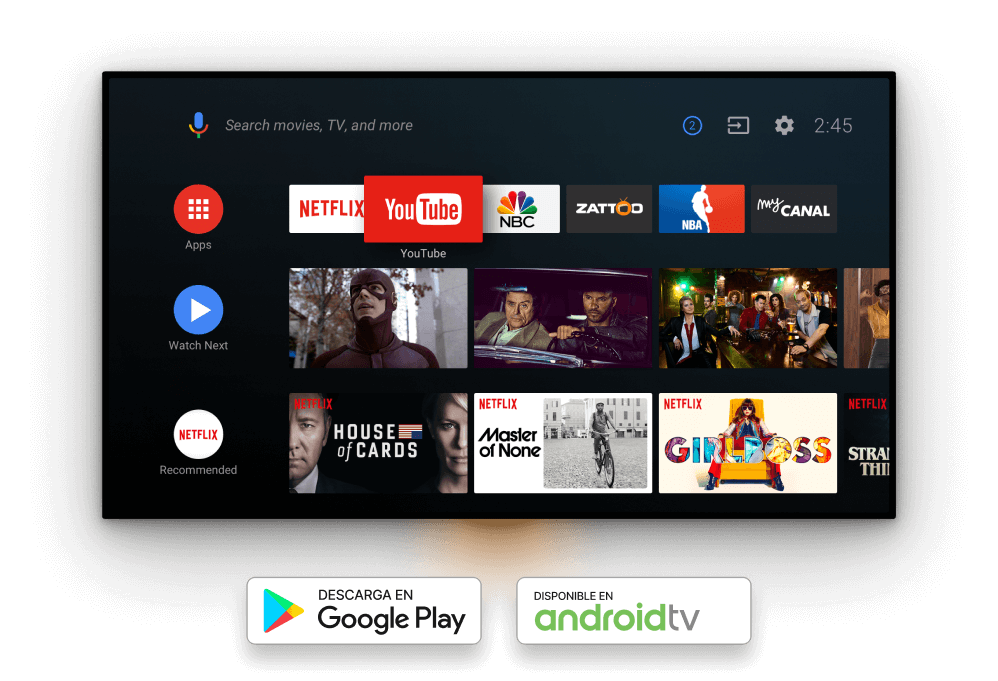 Pantalla principal de Sol Play, mostrando que tienen varias aplicaciones extras como Youtube, Netflix, y demás apps.